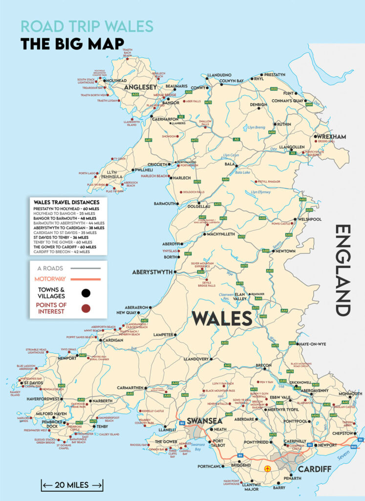 Road Trip Wales Map - Wales Road Map A2 Foldable Splash Proof